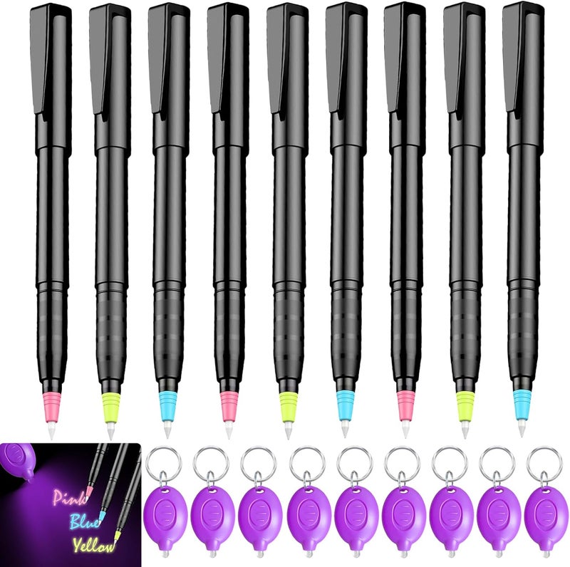 klumuke Invisible Ink Pens with UV Light, Magic Spy Pens with Mini UV LED Keychain Flashlights for Secret Messages, Disappearing Ink Pens with Black Light for Kids, Ideal for Parties and Gifts (9PCS) - Image 1